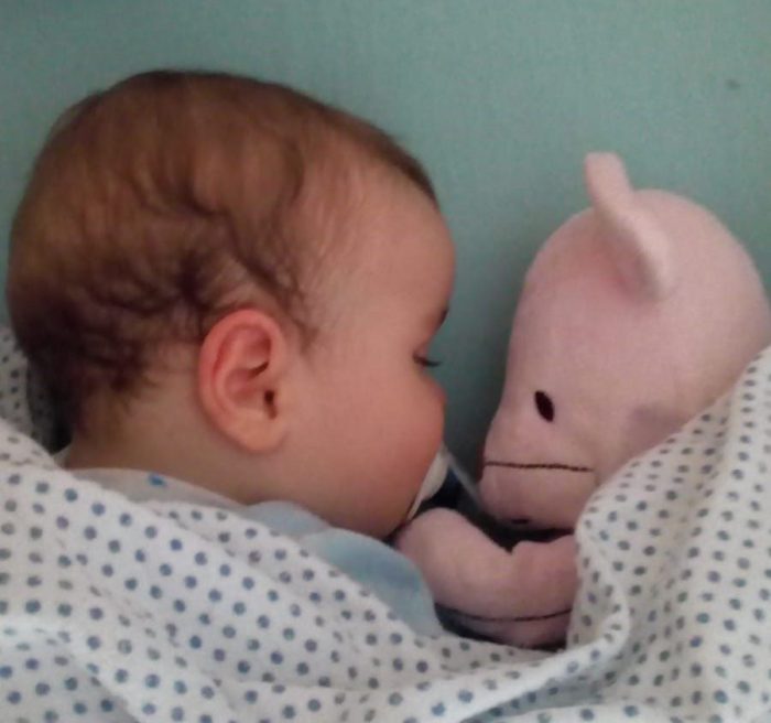 Bebé dorme com o seu ursinho